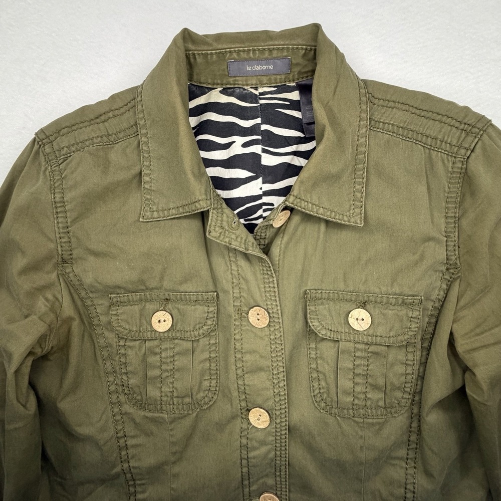VTG‎ Liz Claiborne Army Green Jacket Blazer Military Fitted Wooden Buttons Sz M